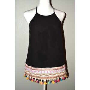 Cute! Black with Colorful Fringe Spaghetti Strap Top Sz S